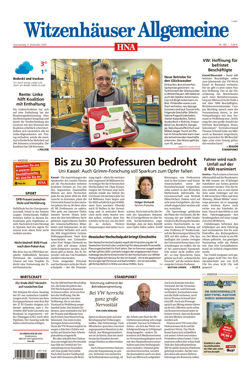 Witzenhäuser Allgemeine vom Donnerstag, 04.12.2025