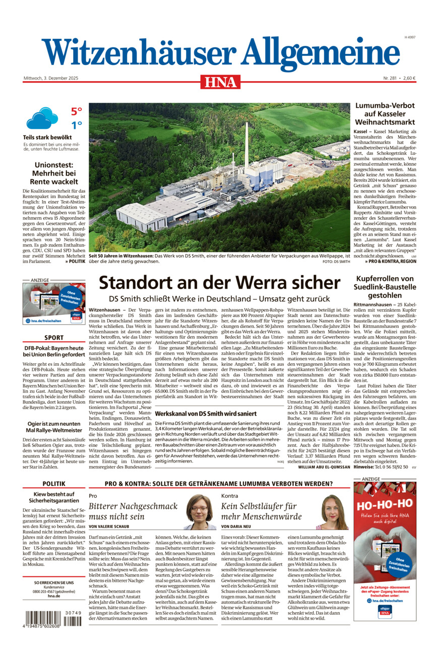 Witzenhäuser Allgemeine vom Mittwoch, 03.12.2025