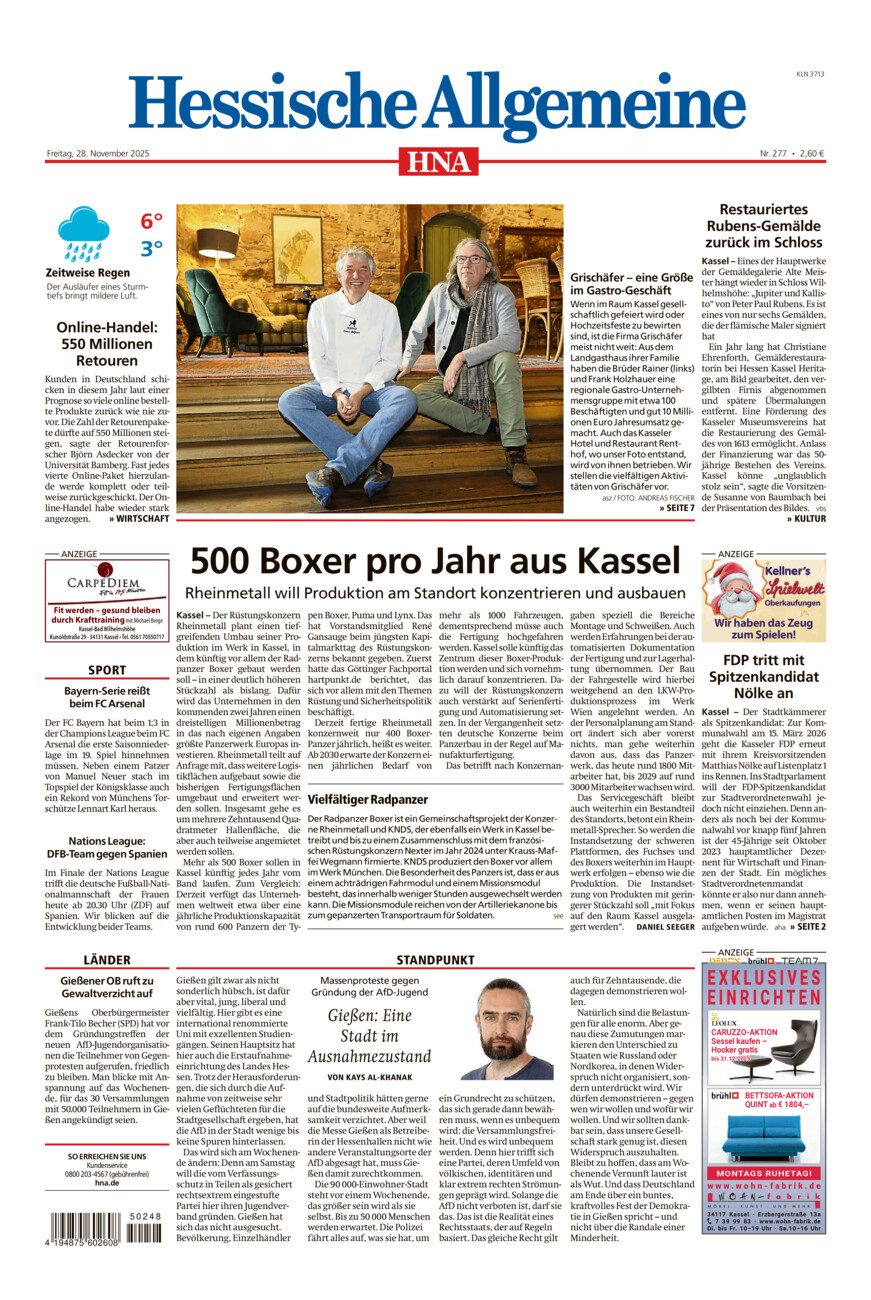 Hessische Allgemeine (Kassel-Nord) vom Freitag, 28.11.2025