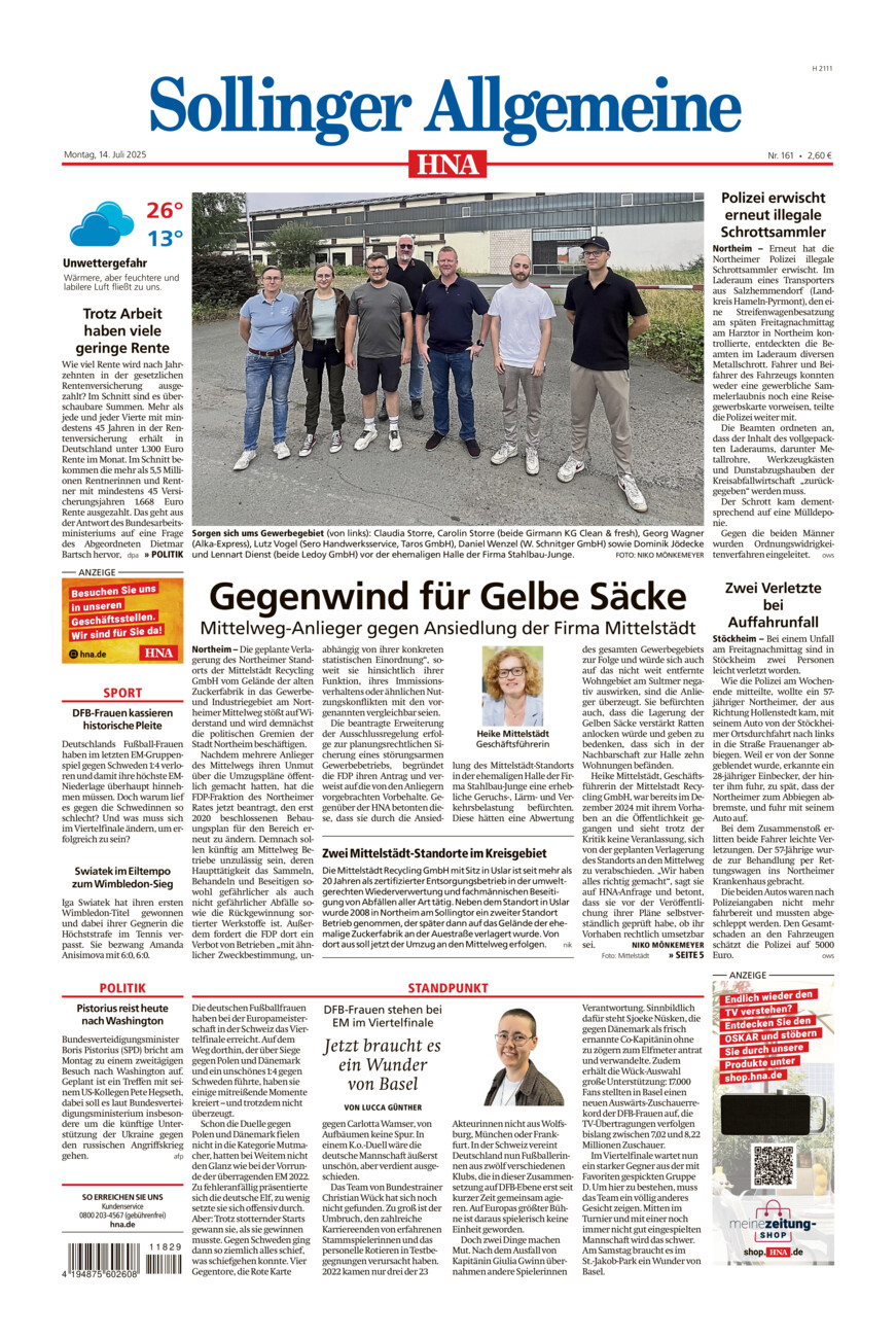 Sollinger Allgemeine vom Montag, 14.07.2025