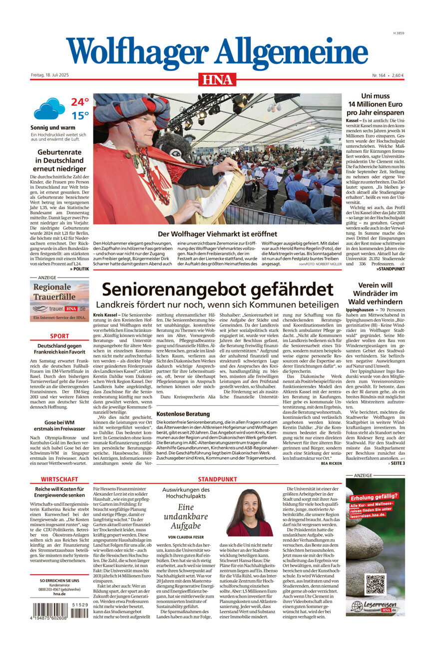 Wolfhager Allgemeine vom Freitag, 18.07.2025