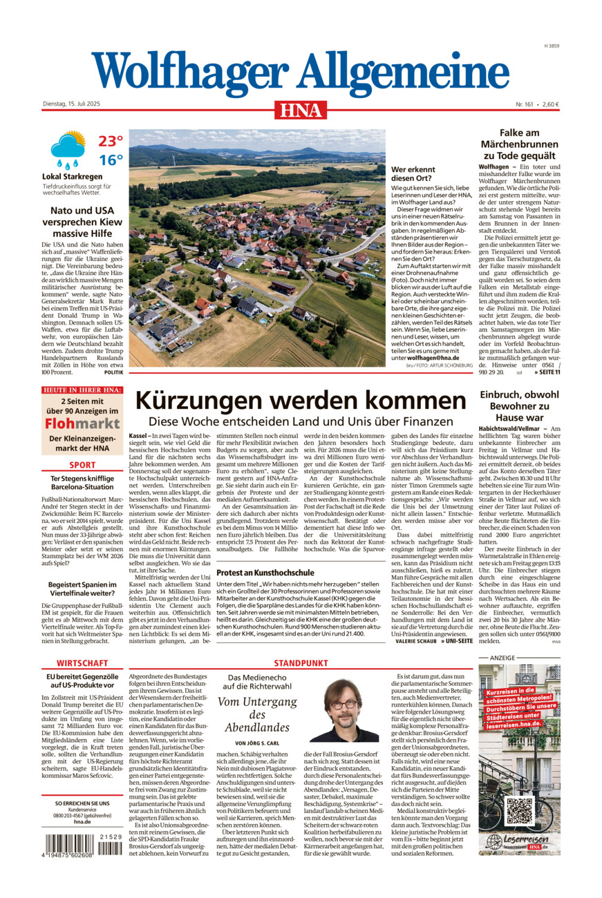 Wolfhager Allgemeine vom Dienstag, 15.07.2025