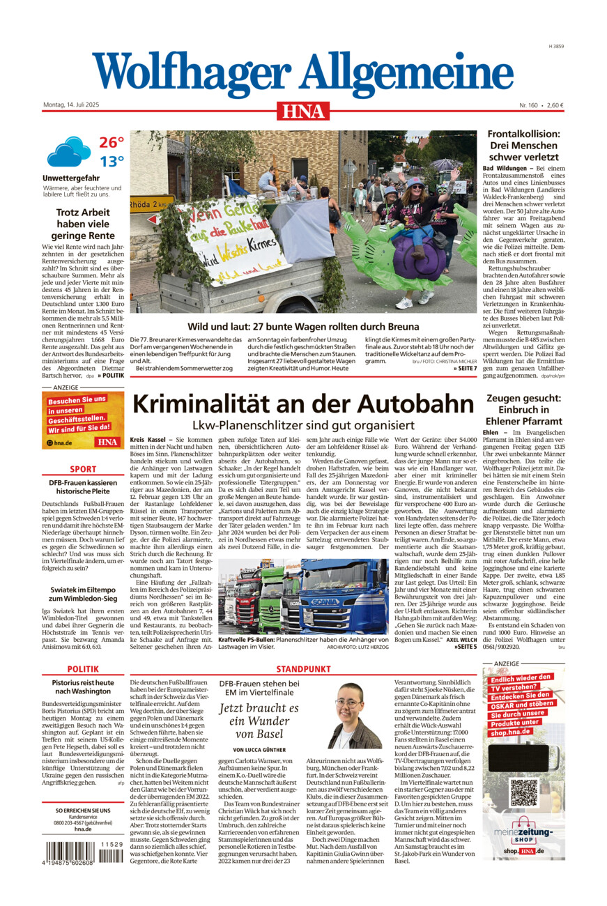 Wolfhager Allgemeine vom Montag, 14.07.2025