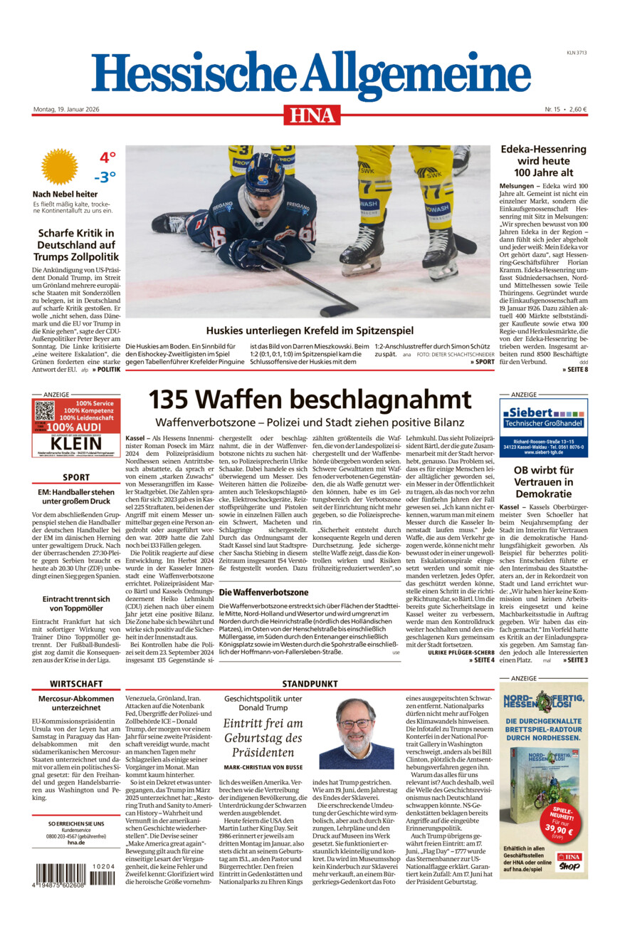 Hessische Allgemeine (Kassel-Nord) vom Montag, 19.01.2026