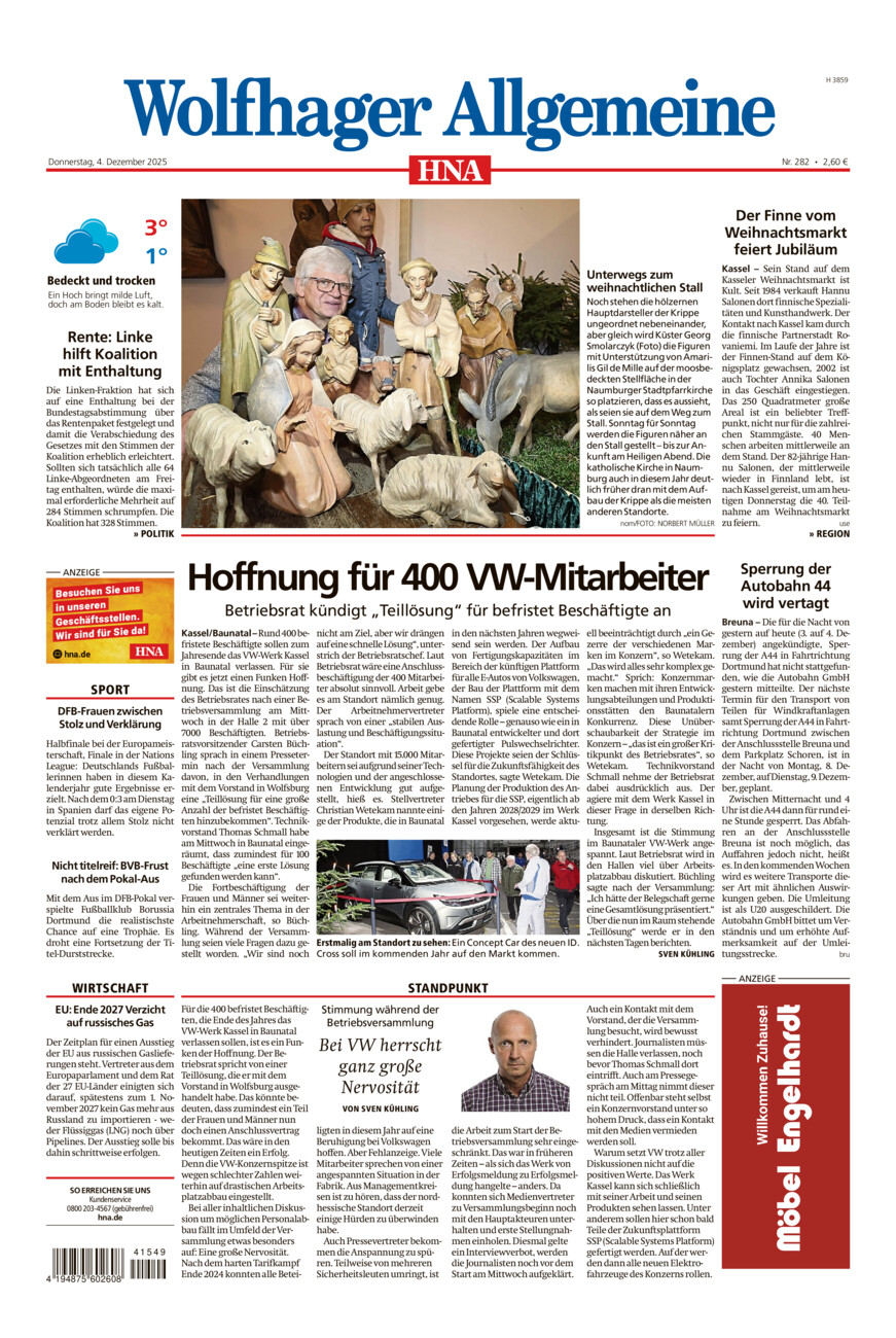 Wolfhager Allgemeine vom Donnerstag, 04.12.2025