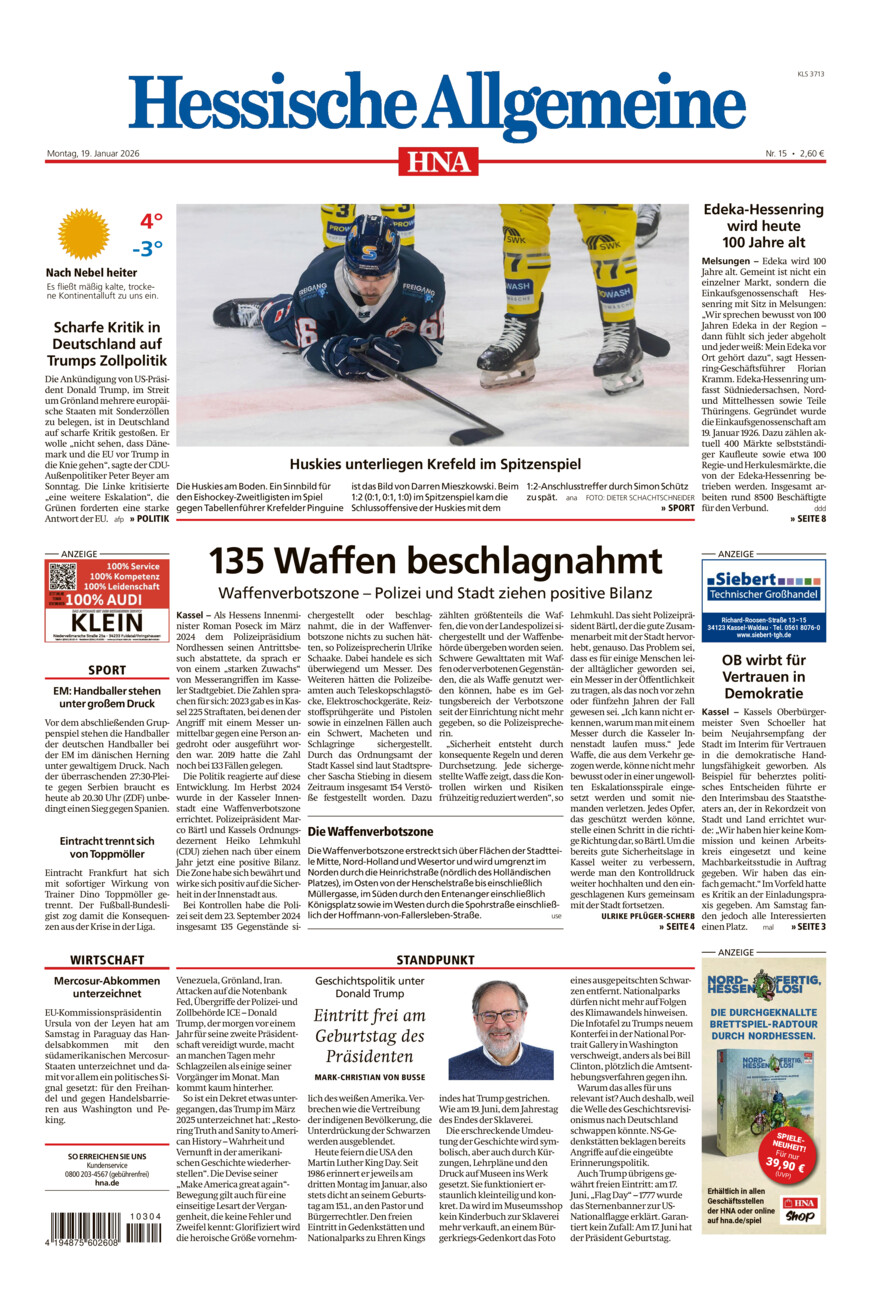Hessische Allgemeine (Kassel-Süd) vom Montag, 19.01.2026