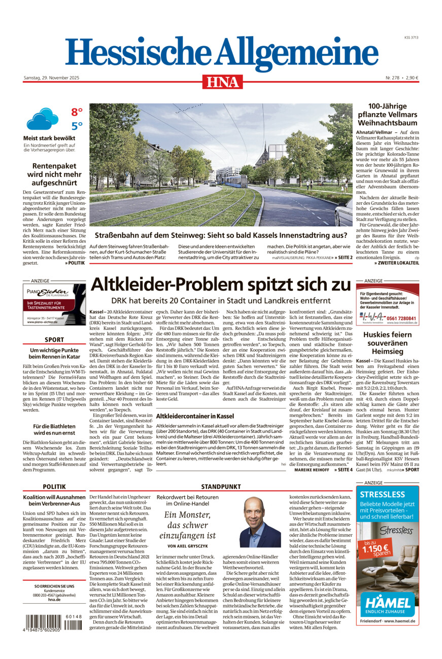 Hessische Allgemeine (Kassel-Mitte) vom Samstag, 29.11.2025