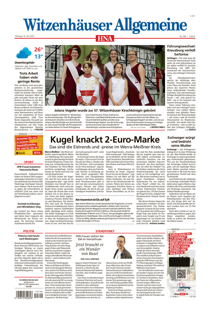 Witzenhäuser Allgemeine vom Montag, 14.07.2025