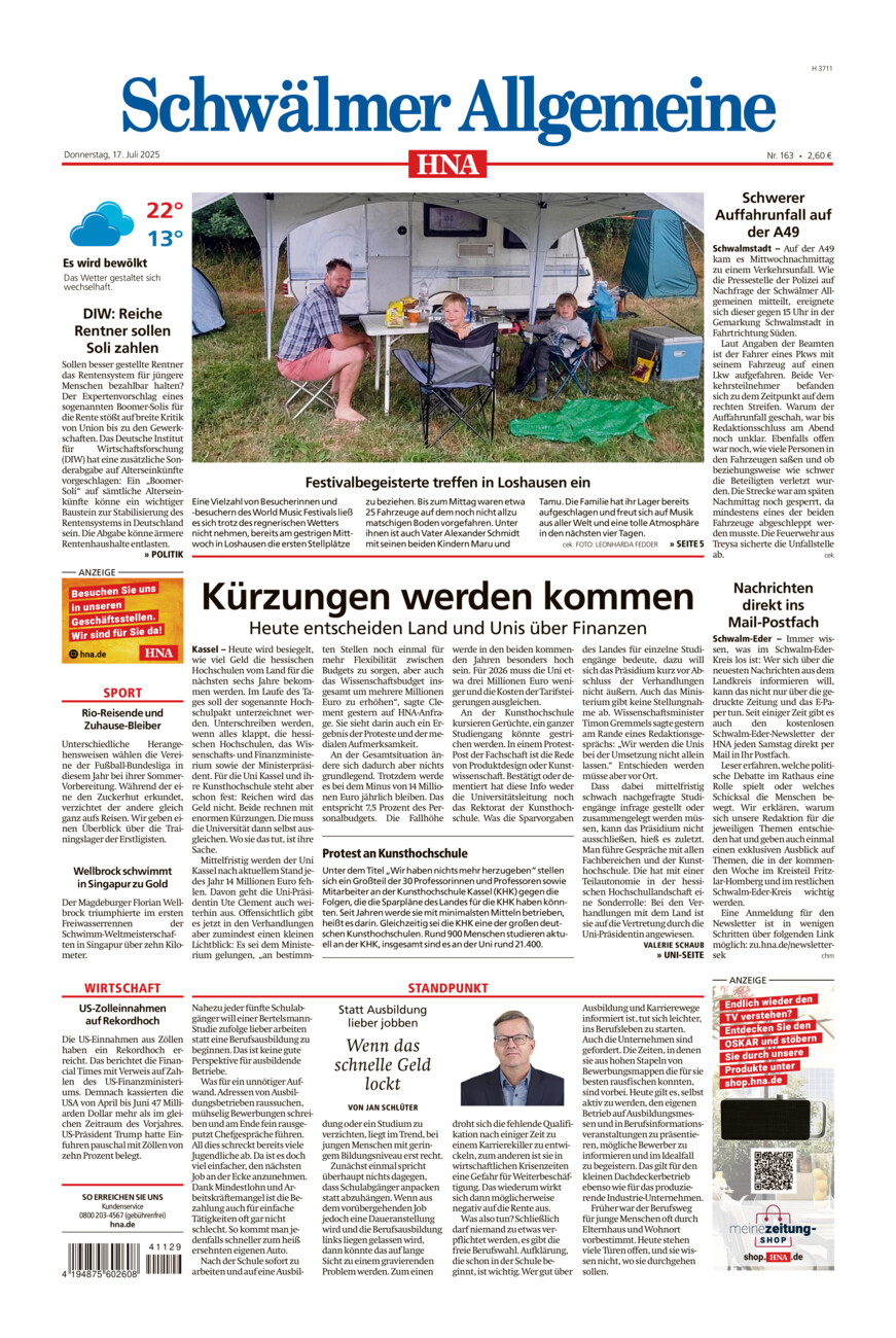Schwälmer Allgemeine vom Donnerstag, 17.07.2025