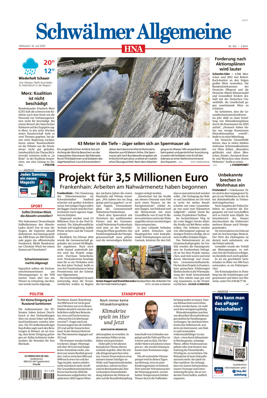 Schwälmer Allgemeine vom Mittwoch, 16.07.2025