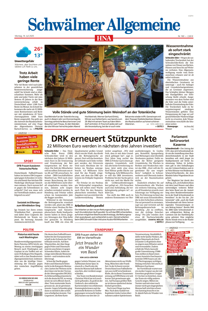Schwälmer Allgemeine vom Montag, 14.07.2025