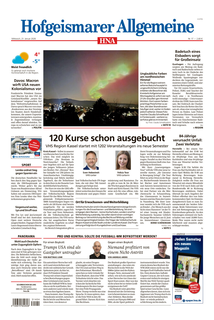 Hofgeismarer Allgemeine vom Mittwoch, 21.01.2026