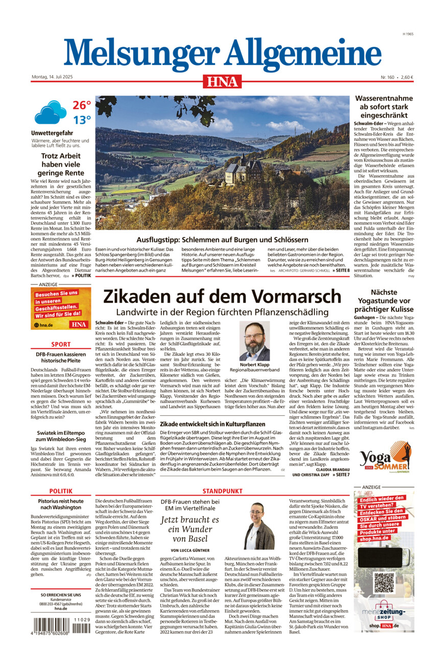 Melsunger Allgemeine vom Montag, 14.07.2025