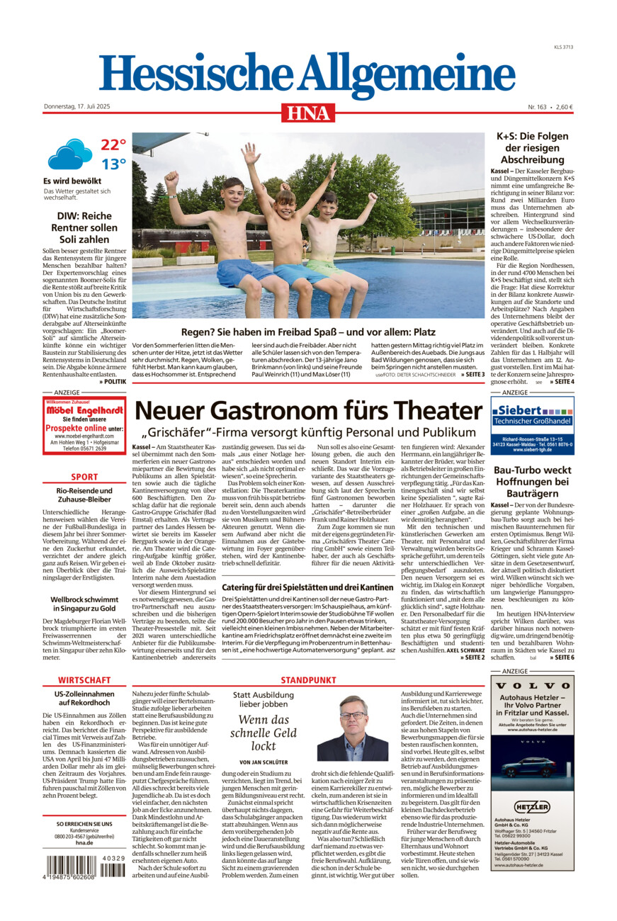 Hessische Allgemeine (Kassel-Süd) vom Donnerstag, 17.07.2025