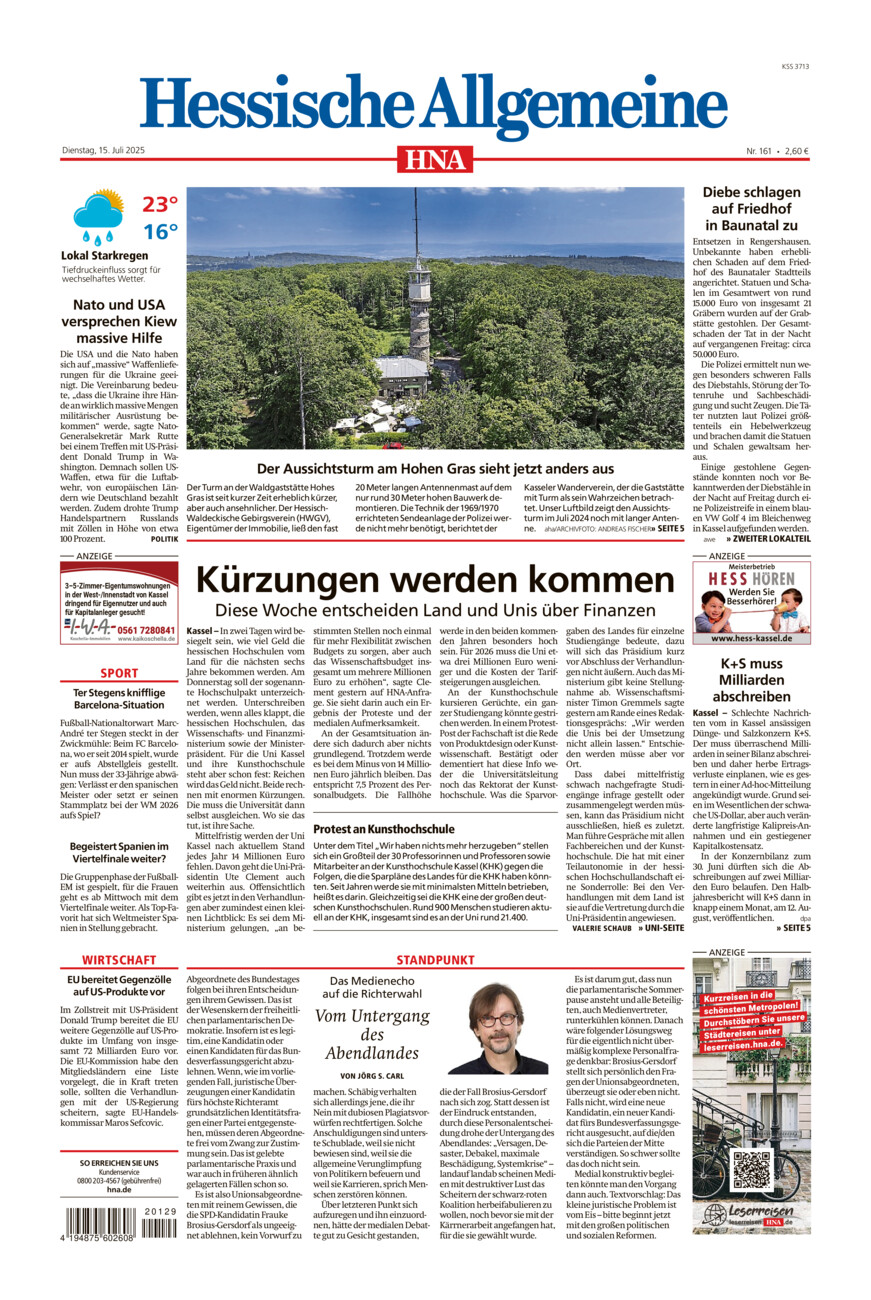 Hessische Allgemeine (Kassel-Mitte) vom Dienstag, 15.07.2025