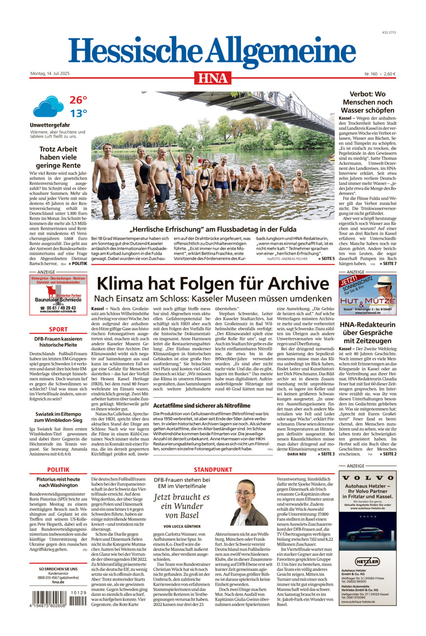 Hessische Allgemeine (Kassel-Mitte) vom Montag, 14.07.2025