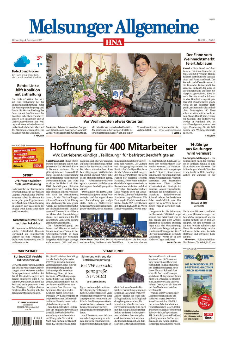 Melsunger Allgemeine vom Donnerstag, 04.12.2025