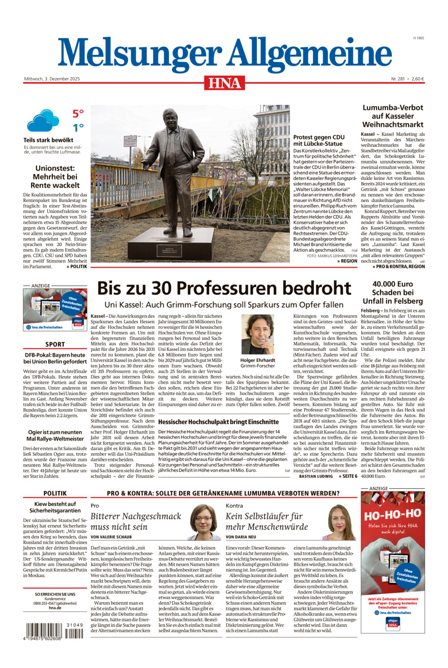 Melsunger Allgemeine vom Mittwoch, 03.12.2025