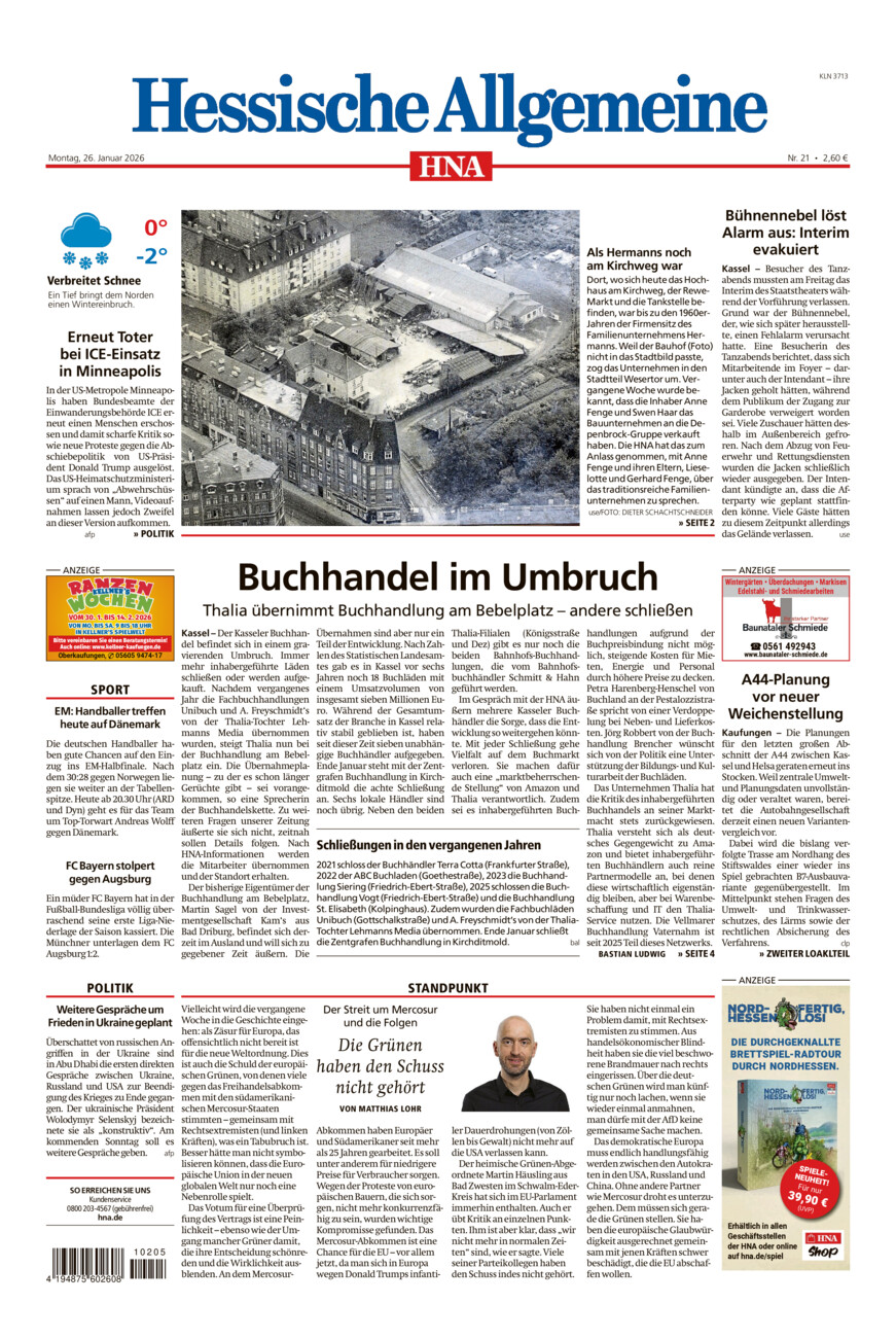 Hessische Allgemeine (Kassel-Nord) vom Montag, 26.01.2026
