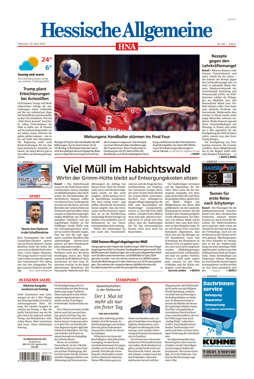 Hessische Allgemeine (Kassel-Nord) vom Mittwoch, 30.04.2025