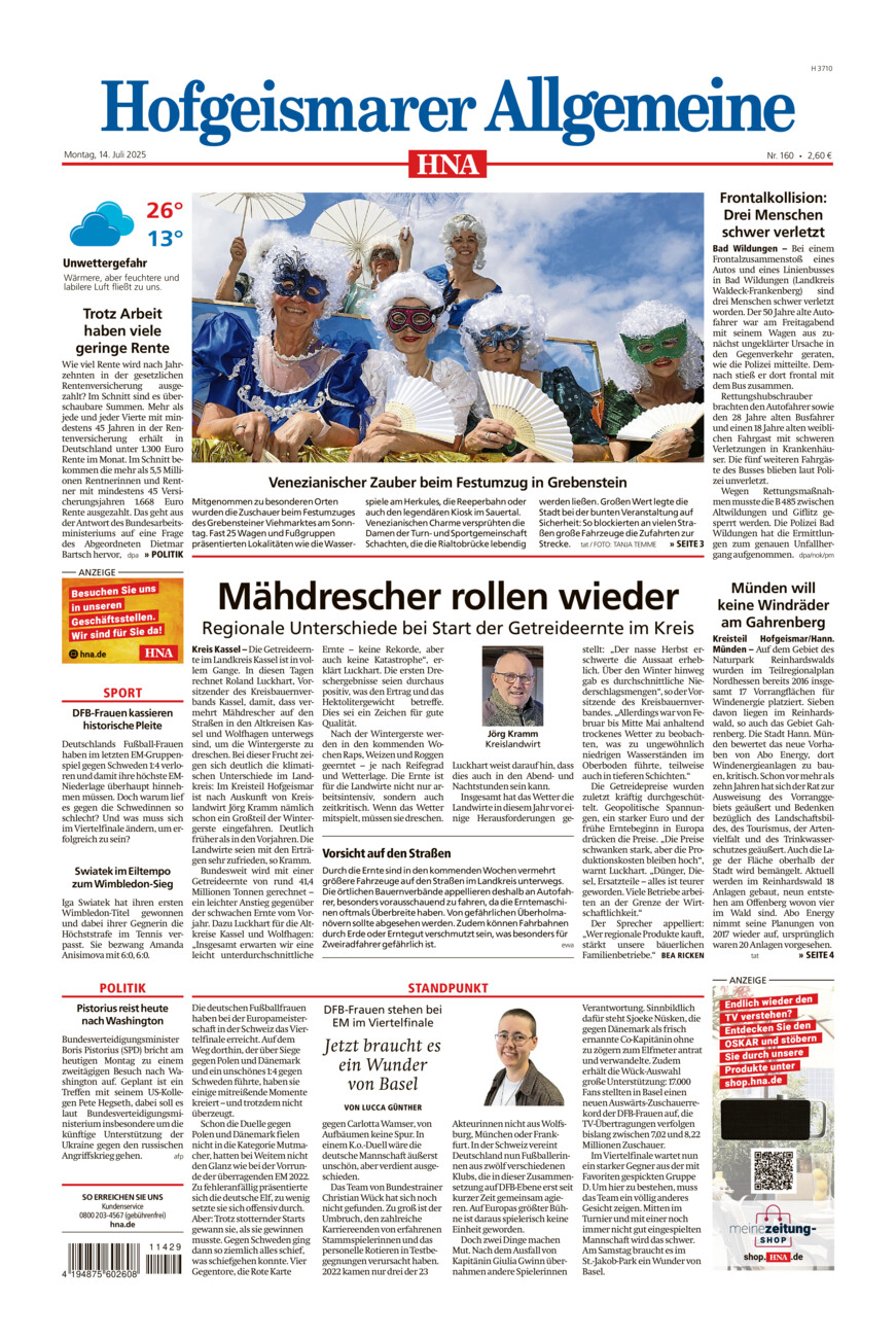 Hofgeismarer Allgemeine vom Montag, 14.07.2025