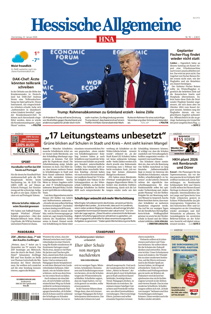 Hessische Allgemeine (Kassel-Ost) vom Donnerstag, 22.01.2026