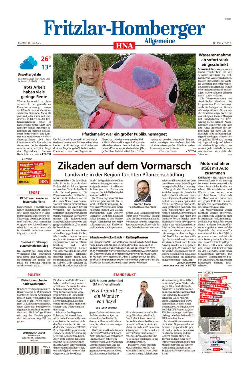 Fritzlar-Homberger Allgemeine vom Montag, 14.07.2025