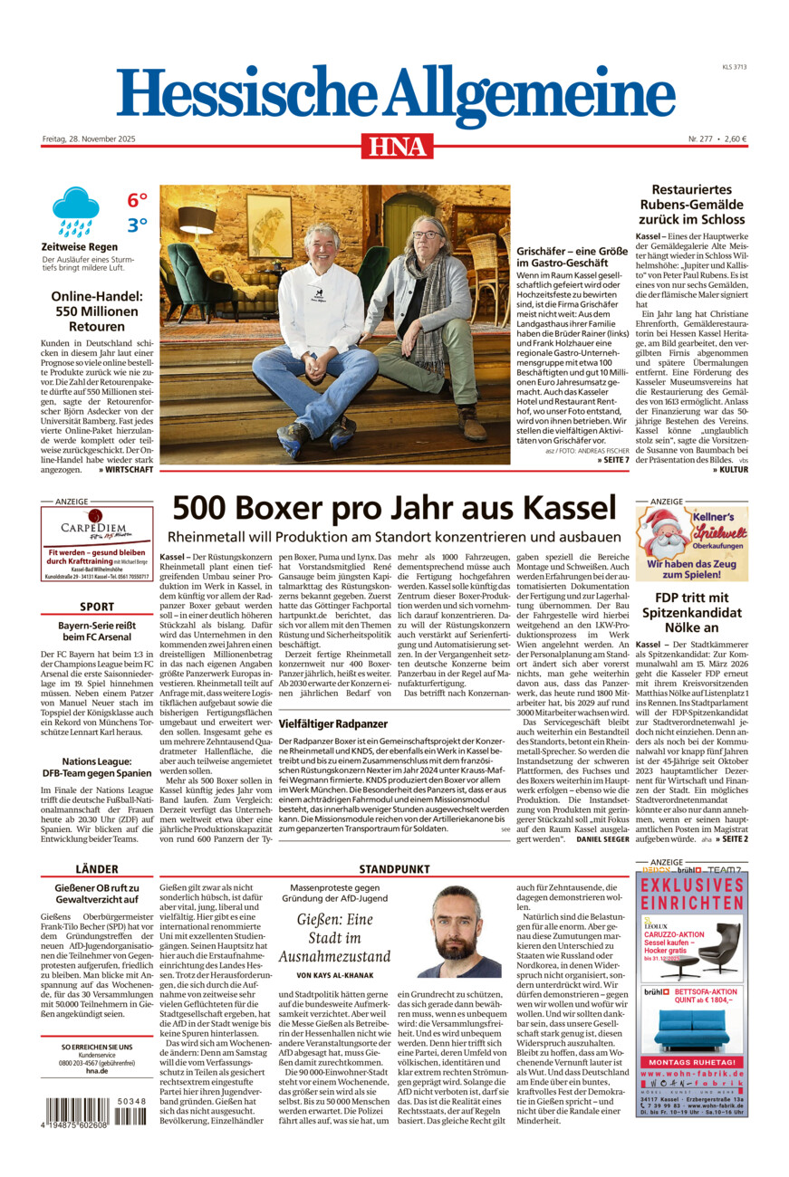 Hessische Allgemeine (Kassel-Süd) vom Freitag, 28.11.2025