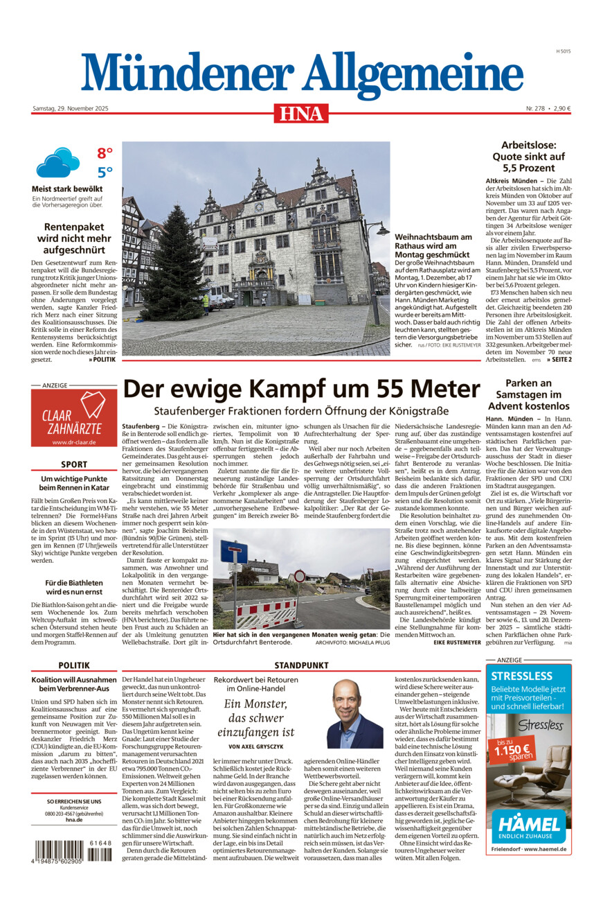 Mündener Allgemeine vom Samstag, 29.11.2025