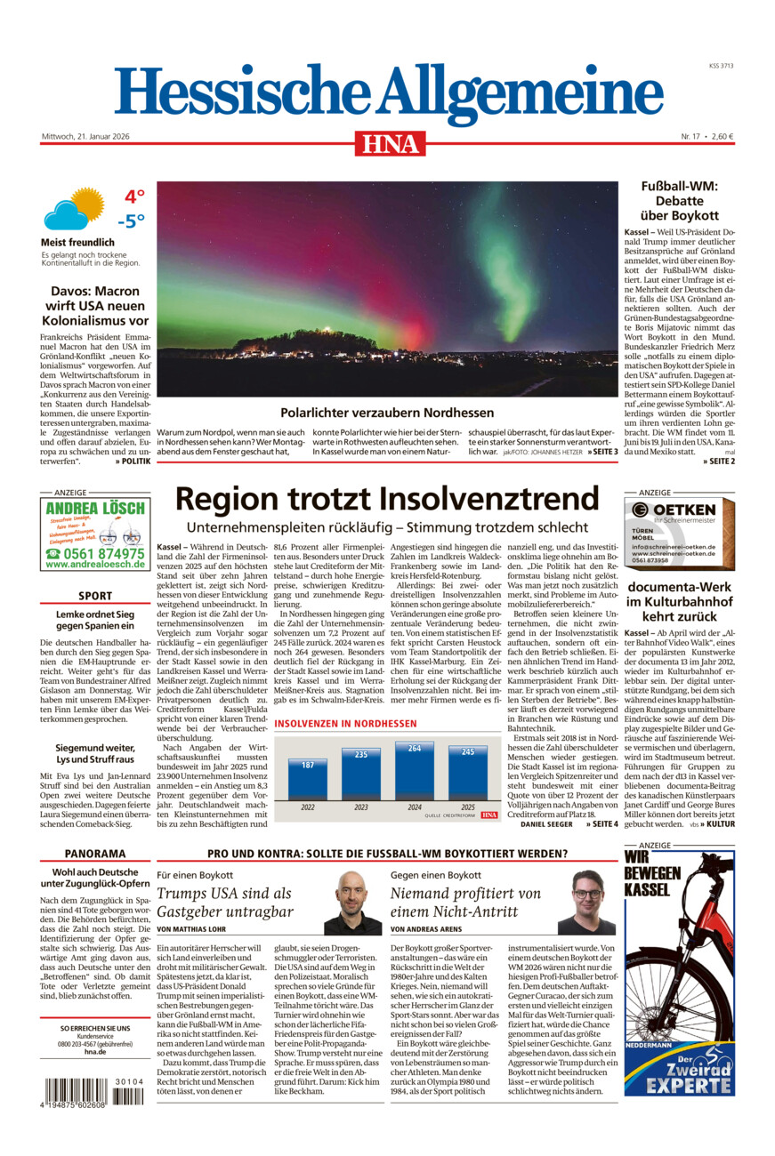 Hessische Allgemeine (Kassel-Mitte) vom Mittwoch, 21.01.2026
